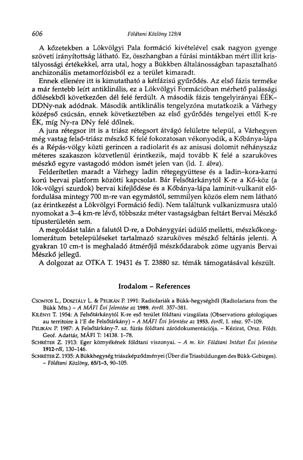 606 Földtani Közlöny 129/4 A kőzetekben a Lökvölgyi Pala formáció kivételével csak nagyon gyenge szöveti irányítottság látható.