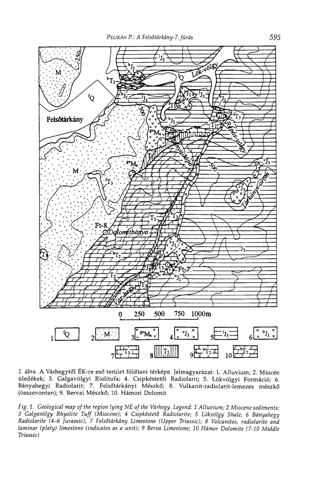 PELIKÁN P.: A Felsőtárkány-7. fúrás 595 1. ábra. A Várhegytől ÉK-re eső terület földtani térképe. Jelmagyarázat: 1. Alluvium; 2. Miocén üledékek; 3. Galgavölgyi Riolitufa; 4.