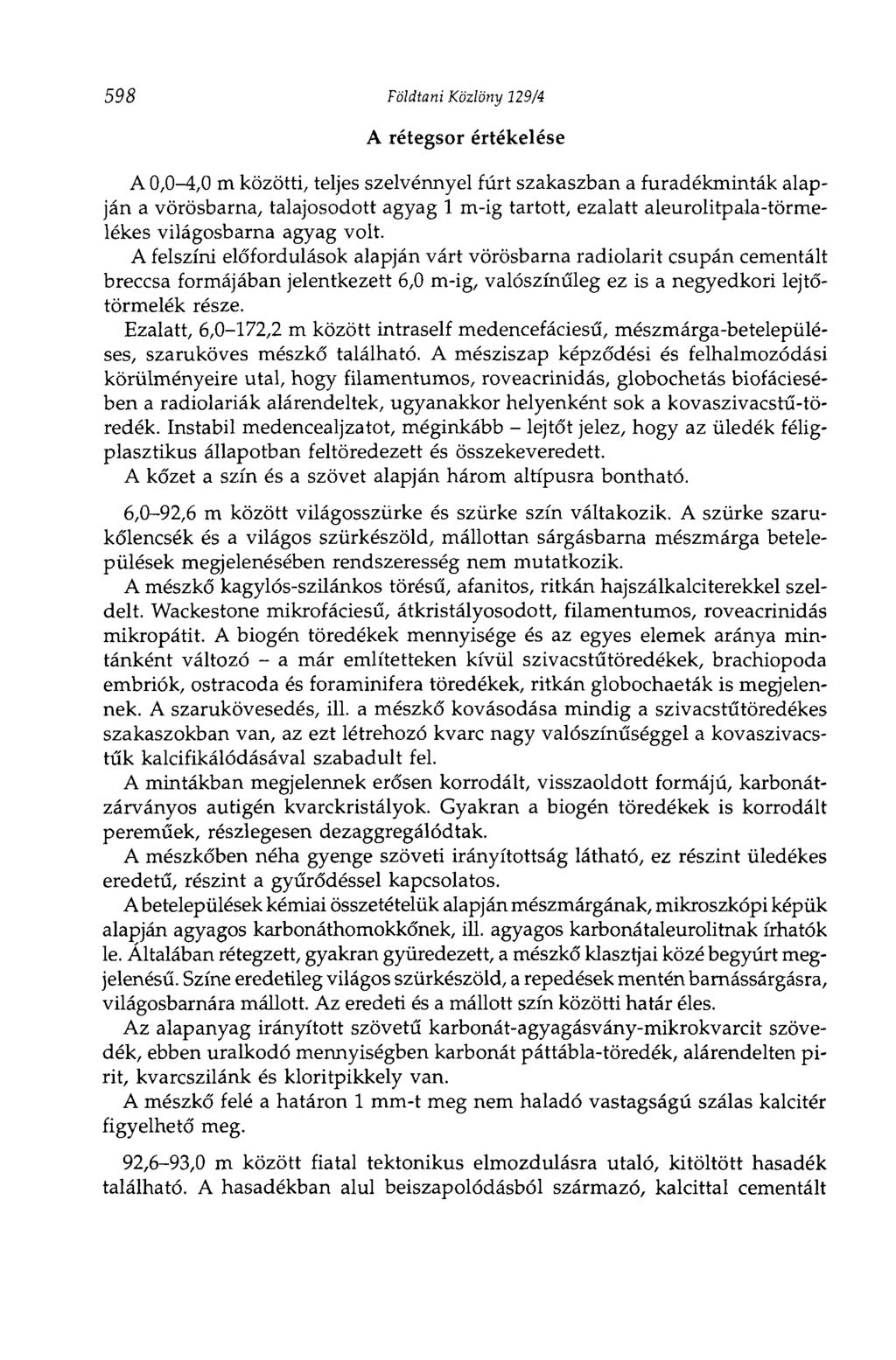 598 Földtani Közlöny 129/4 A rétegsor értékelése A 0,0-4,0 m közötti, teljes szelvénnyel fúrt szakaszban a furadékminták alapján a vörösbarna, talajosodott agyag 1 m-ig tartott, ezalatt