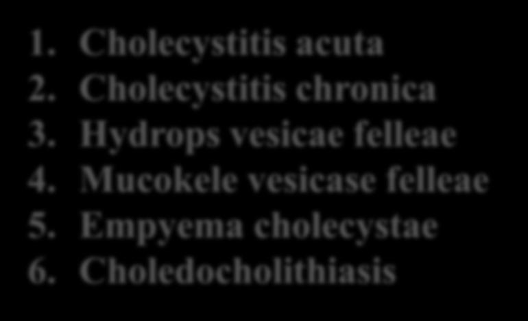 Cholecystitis acuta 2. Cholecystitis chronica 3.