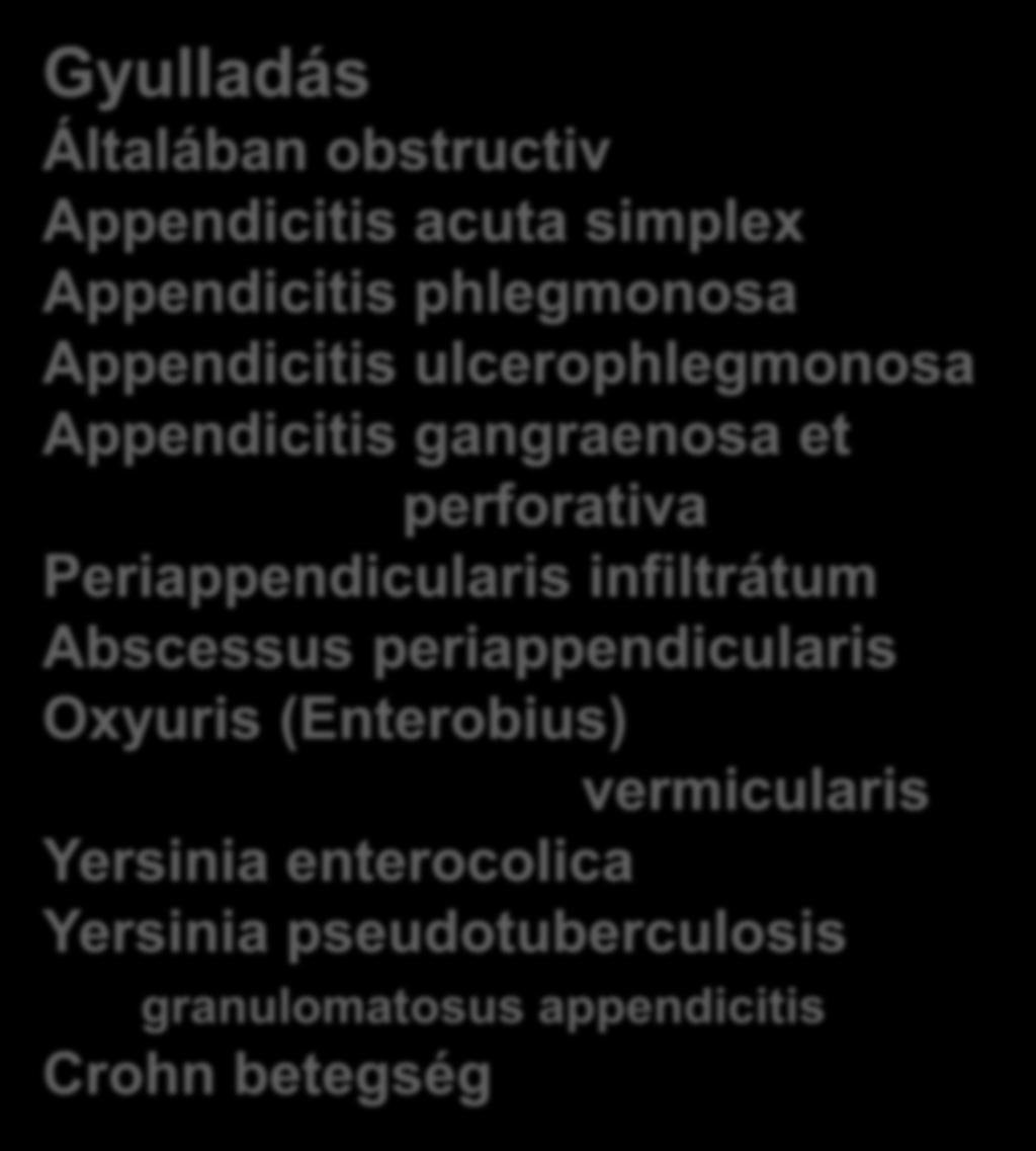 Appendix pathologiája Gyulladás Általában obstructiv Appendicitis acuta simplex Appendicitis phlegmonosa Appendicitis ulcerophlegmonosa Appendicitis gangraenosa et perforativa Periappendicularis