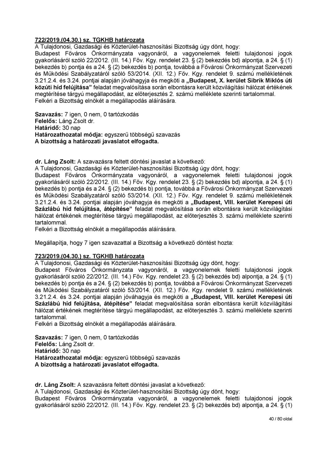 722/2019.(04.30.) sz. TGKHB határozata Budapest Főváros Önkormányzata vagyonáról, a vagyonelemek feletti tulajdonosi jogok gyakorlásáról szóló 22/2012. (III. 14.) Főv. Kgy. rendelet 23.