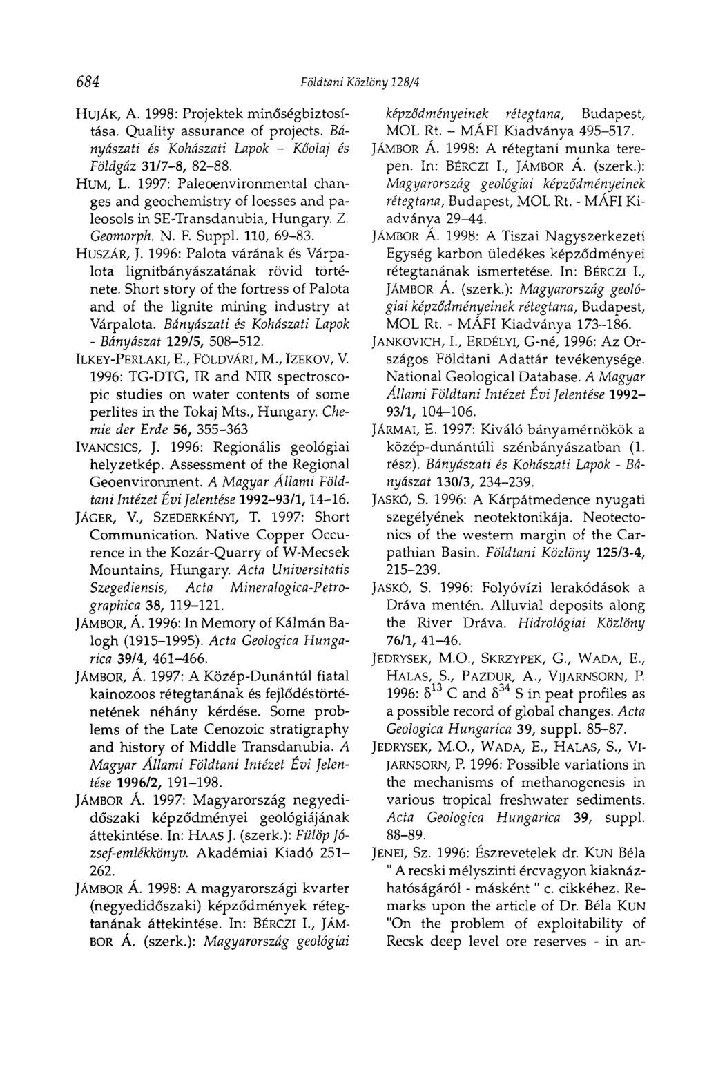 684 Földtani Közlöny 128/4 HUJÁK, A. 1998: Projektek minőségbiztosítása. Quality assurance of projects. Bányászati és Kohászati Lapok - Kőolaj és Földgáz 31/7-8, 82-88. Ним, L.