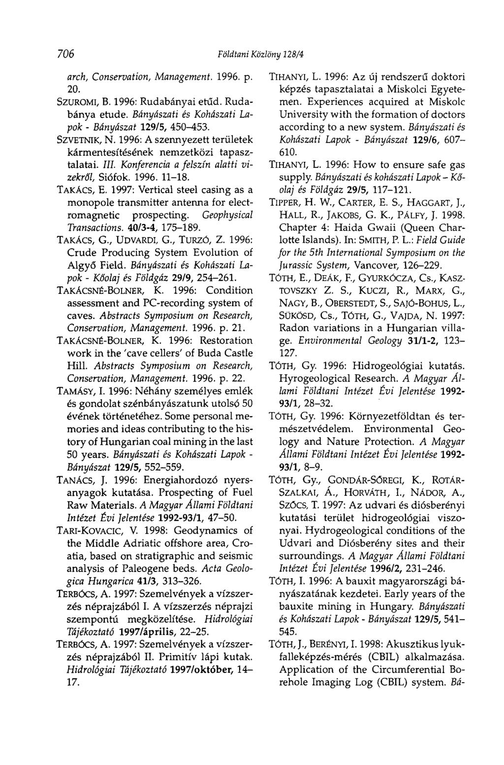 706 Földtani Közlöny 128/4 arch, Conservation, Management. 1996. p. 20. SZUROMI, В. 1996: Rudabányai etűd. Rudabánya etude. Bányászati és Kohászati Lapok - Bányászat 129/5, 450-453. SZVETNIK, N.