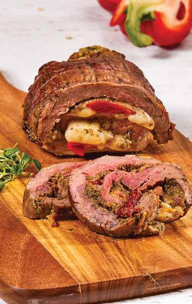 OLASZ MARHAROLÁD OLASZ MARHAROLÁD 6 fő részére 700 g flank steak (hasaalja), vajazva ¼ csésze bazsalikom pesztó 250 g provolone sajt, szeletekre vágva 3 pirított piros paprikahüvely 1 tk tengeri só 1