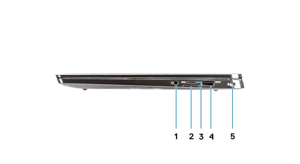 3 IR-jeladó 4 Kamera (IR/RGB) 5 Kamera állapotjelző LED-je 6 IR-jeladó 7 Környezeti világítás érzékelő (ALS) 8 Kijelzőpanel 9 Akkumulátor/Diagnosztikai állapotjelző LED Bal oldali nézet 1 USB 3.