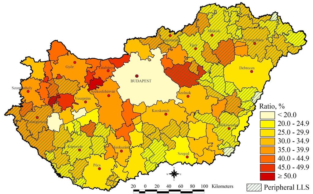 Az ipar és építőipar aránya a helyi munkaerő-piaci