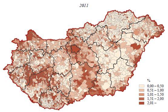 TOP 5 (50%): Budapest, Szeged, Debrecen, Pécs, Kecskemét Rajka: 37% Somogysimonyi: 26%