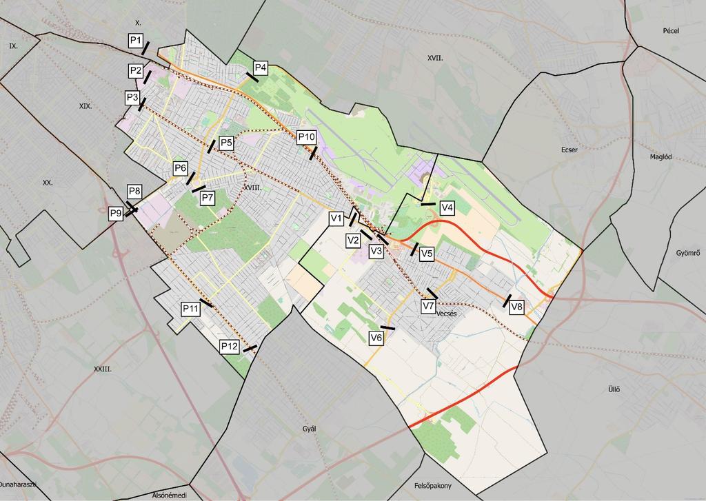 V3 kordonpont Lincoln út V4 kordonpont Repülőtéri bekötőút V5 kordonpont Fő út V6 kordonpont Dózsa György út V7 kordonpont Telepi út V8 kordonpont Fő út A következő térképen a kordonpontok pontos