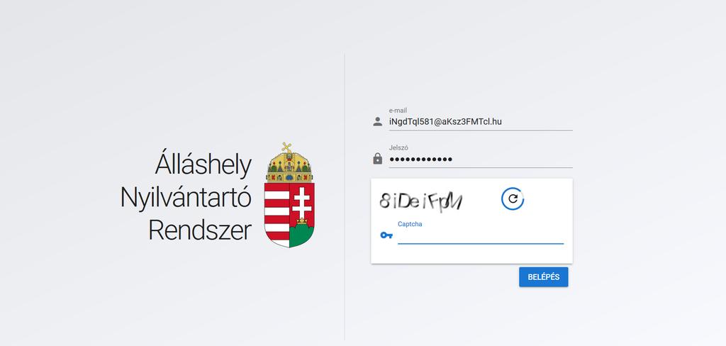 A felhasználónév és jelszó megadását, valamint a felismert Captcha karakterek begépelését követően a Belépés gombra