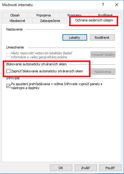 3. A megnyíló ablakban kikeressük a Privacy/ Adatvédelem fület és megszüntetjük a Block