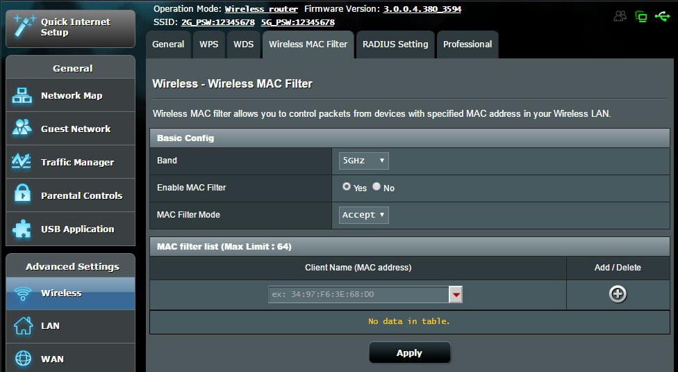 4.1.3 Vezeték nélküli MAC-szűrő A vezeték nélküli MAC-szűrő ellenőrzést biztosít a vezeték nélküli hálózaton egy megadott MAC- (Media Access Control) [Közeghozzáférési vezérlés] címre átvitt csomagok