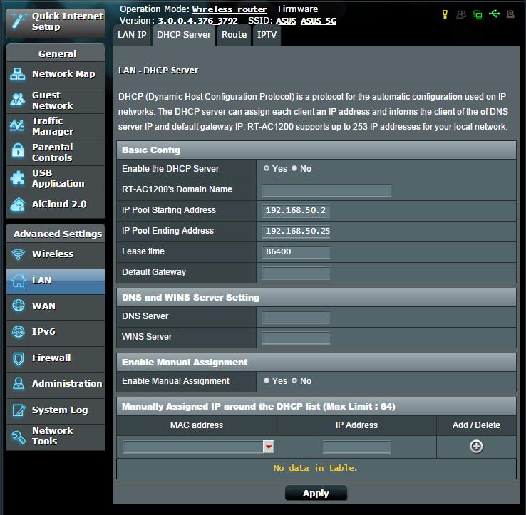 A LAN IP-beállítások módosításához: 1. A navigációs pultról menjen az Advanced Settings (Speciális beállítások) > LAN > LAN IP fülre. 2.