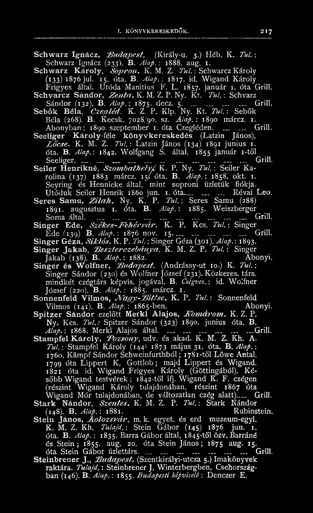 Ny. K t. T u l.: Schvarz Sándor (132). B. Alap.-. 1875. decz. 5............. Grill. S e b ő k B é ía, C ze g lé d. K. Z. P. Klp. Ny. K t. Tul. : S eb ők Béla (268). B. K ecsk. 7028/90. sz. Alap. : 1890 márcz.