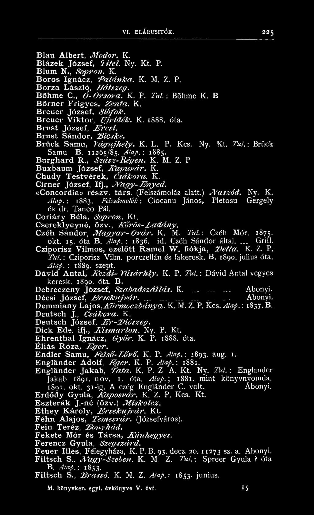 «C o n co rd ia» r é s z v. tá r s. (Felszám oláz alatt.) N a s z ó d. Ny. K. Alap.: 1883. Felszámolók-. C iocan u János, Pletosu G ergely és dr. T anco Pál. C o r iá r y B é la, S o p ro n. K t.