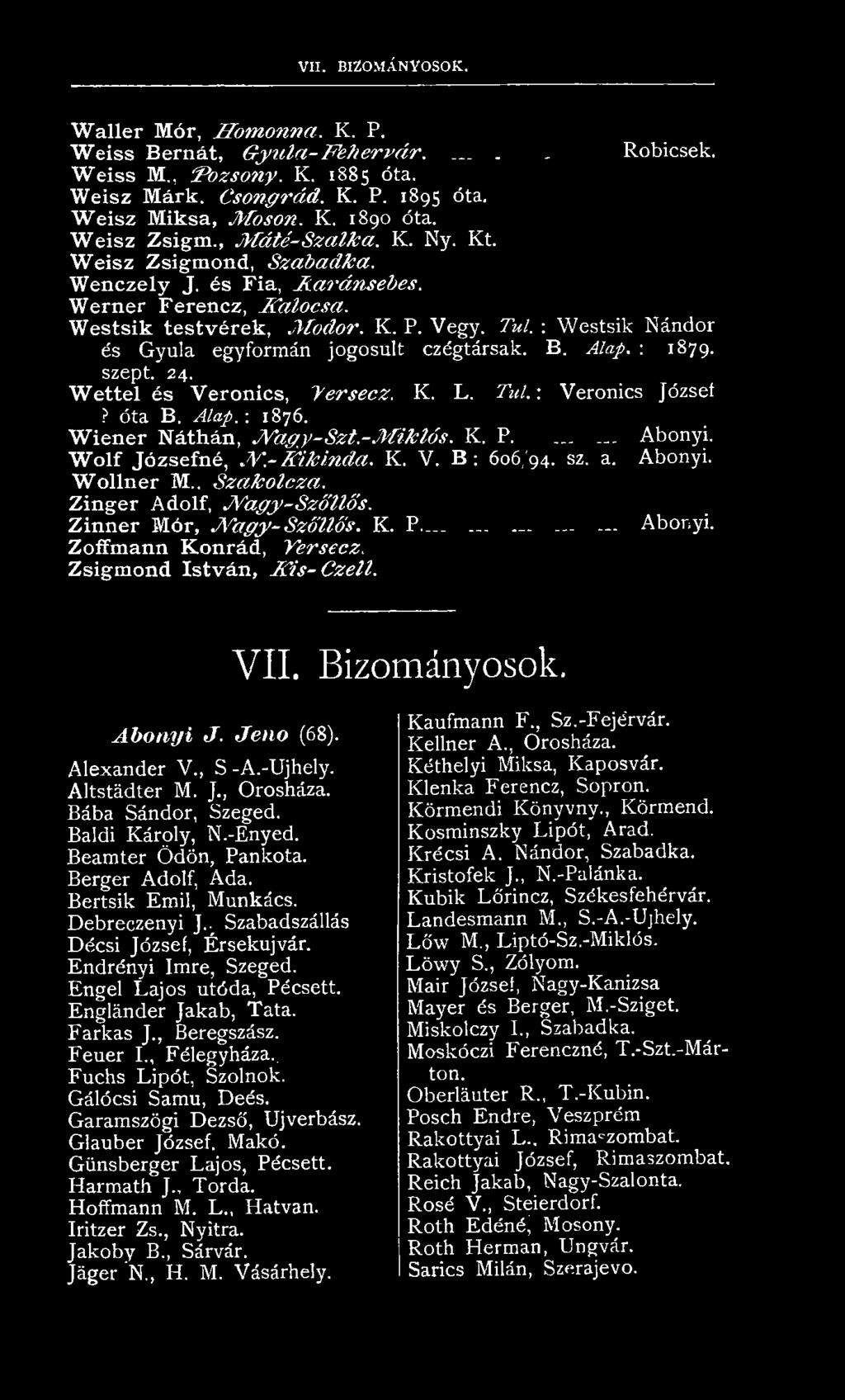 . S z a k o lc z a. Zinger Adolf, jv a g y -S z ő llő s. Zinner Mór, J V a g y -S z ő llő s. K. P._......... A bonyi. Zoffmann Konrád, V ersecz. Zsigmond István, K i s - C z e l l. V II.