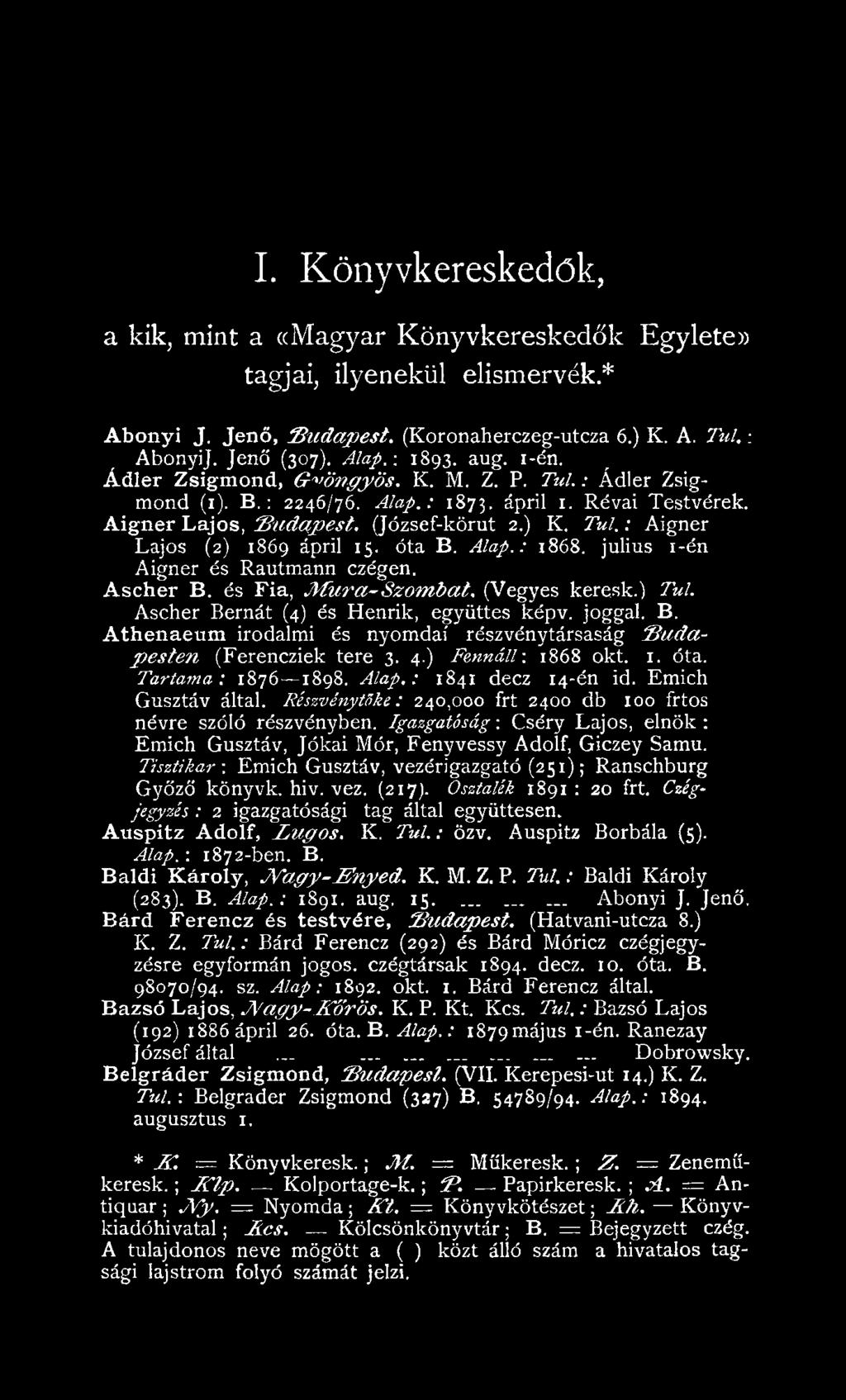 A lap.: 1841 decz 14-én id. Em ich G usztáv által. Részvénytöke: 240,000 frt 2400 db 100 frtos névre szóló részvényben.