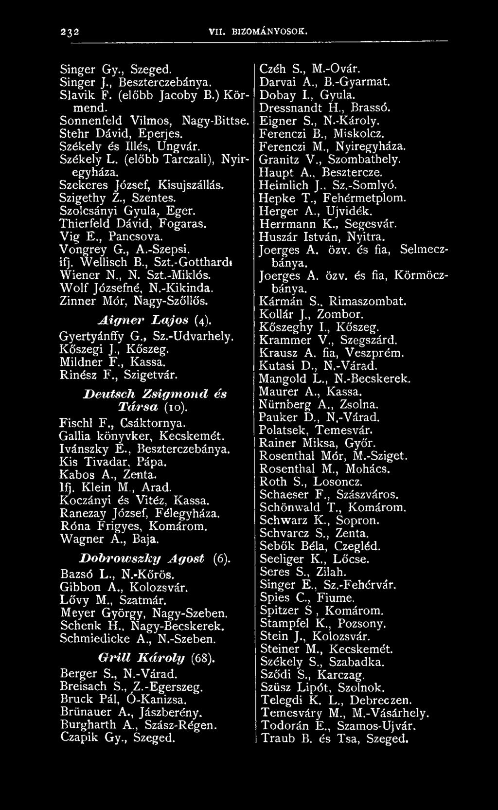 , Zenta. Ifj. K lein M Arad. K o czán yi és V itéz, K assa. R anezay József, Félegyháza. R ó n a F rigyes, Kom árom. W agn er A., Baja. Dóbrowszlty Ágost (6). B azsó L., N.-K őrös. G ibbon A.