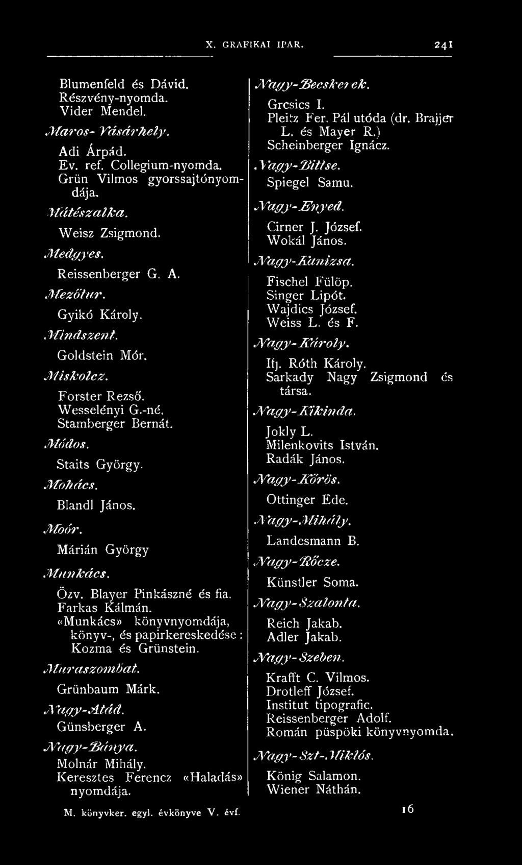 K eresztes F eren cz «Haladás» nyom dája. M. könyvker. egyl. évkönyve V. évf. N a g y S e c s k e t ek. G rcsics I. Pleitz Fér. Pál utóda (dr. Brajjer L. és M ayer R.) Scheinberger Ignácz.