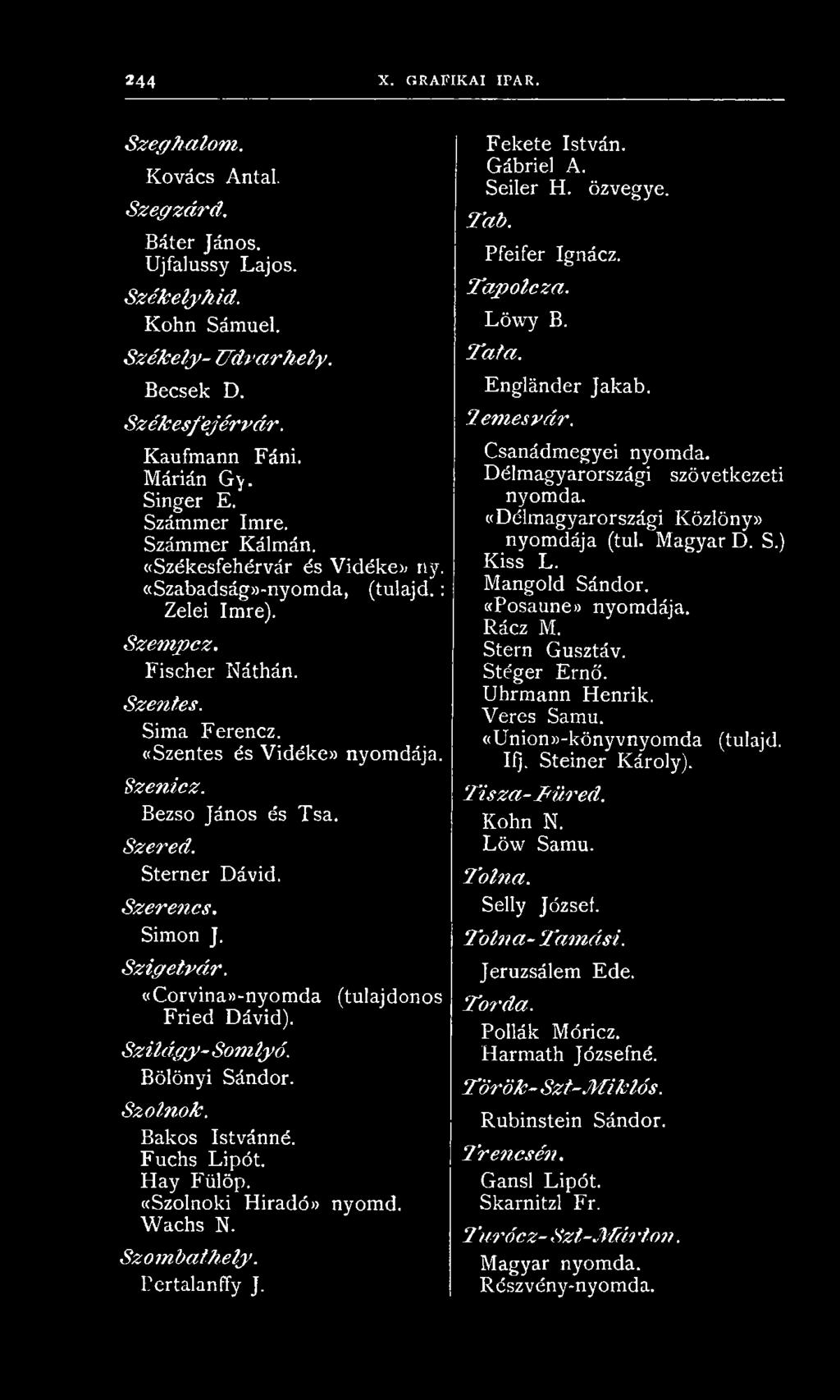 F ischer Náthán. S zen tes. Sim a F erencz. ((Szentes és V id éke» nyom dája. S zen icz. B ezso János és T sa. Szered. Sterner D ávid. S z e r e n c s. Simon J. S z ig e tv á r.