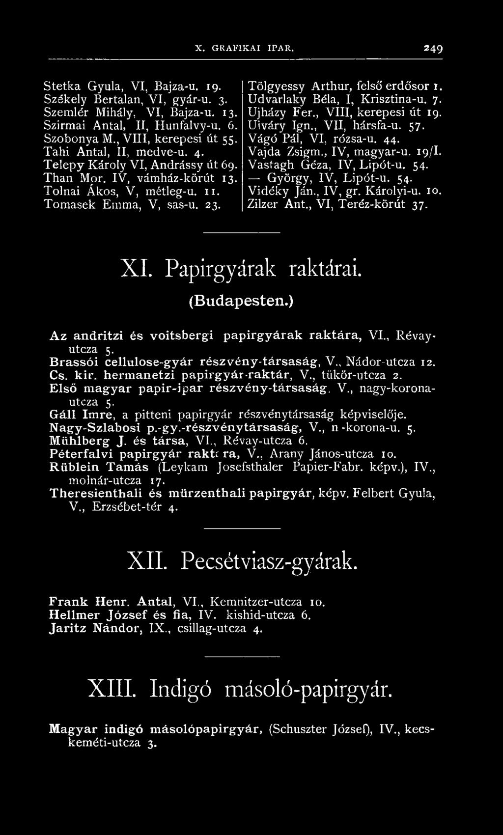 ) A z andritzi és voitsbergi papírgyárak raktára, V I., R évayutcza 5. Brassói cellulose-gyár részvény-társaság, V., N ádor-utcza 12. Cs. kir. hermanetzi papírgyár-raktár, V., tükör-utcza 2.