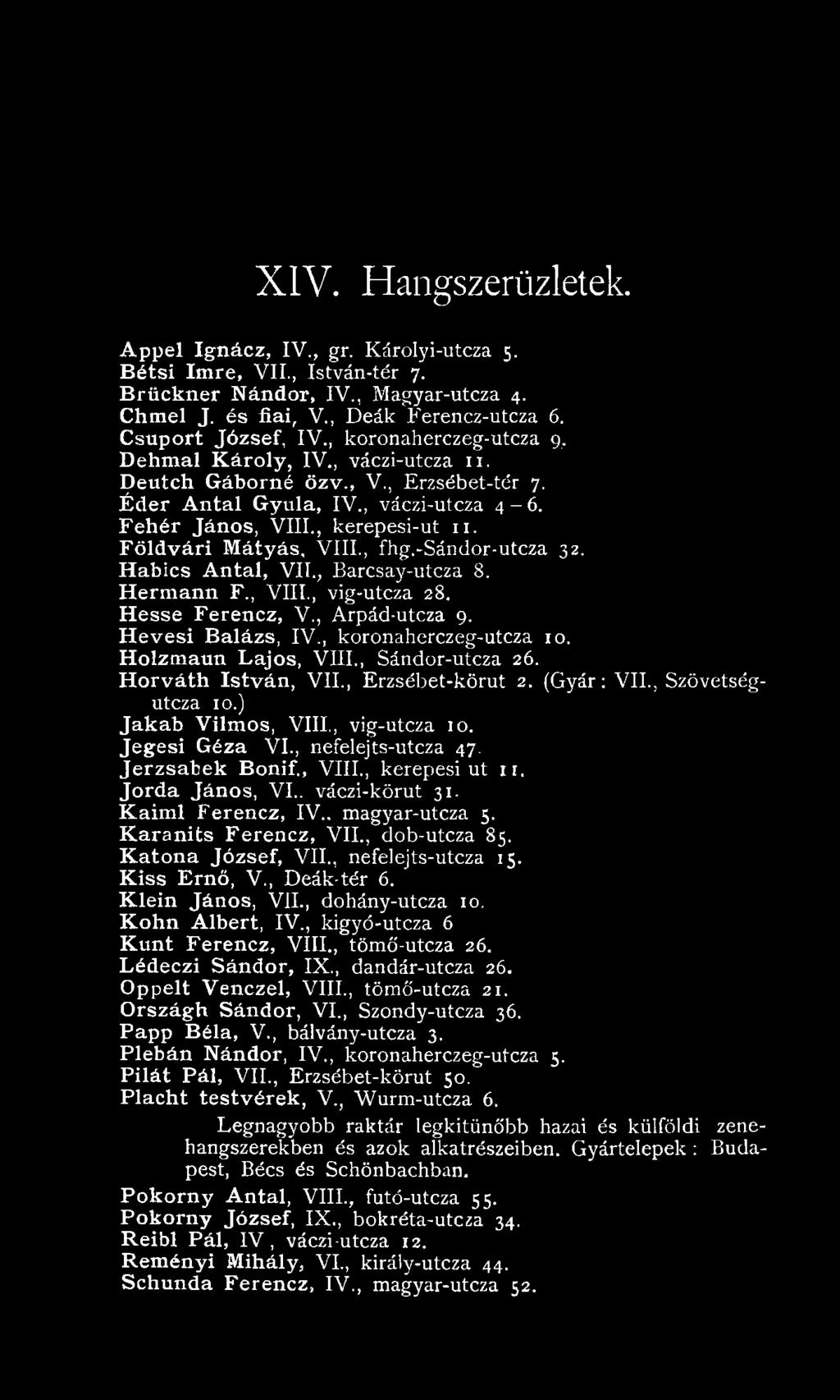 V III., fhg.-sándor-utcza 32. Habics Antal, V II., B arcsay-utcza 8. Hermann F., V III., vig-utcza 28. Hesse Ferencz, V., Arpád-utcza 9. H evesi Balázs, IV., koronaherczeg-utcza 10.