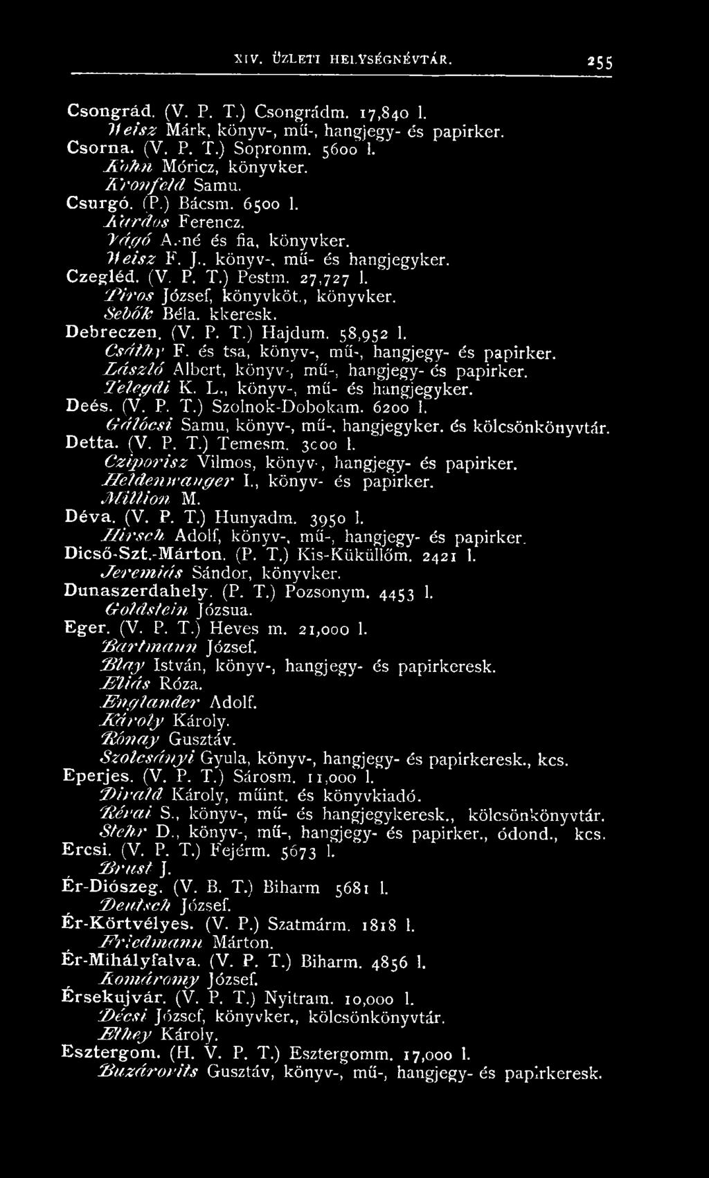 és kölcsön kön yvtár. D e tta. (V. P. T.) Tem esm. 3000 1. C z ip o r is z Vilm os, könyv-, hangjegy- és papirker. H e id e n w a n g e r I., kön yv- és papirker. M i l l i ó n M. D é v a. (V. P. T.) H unyadm.