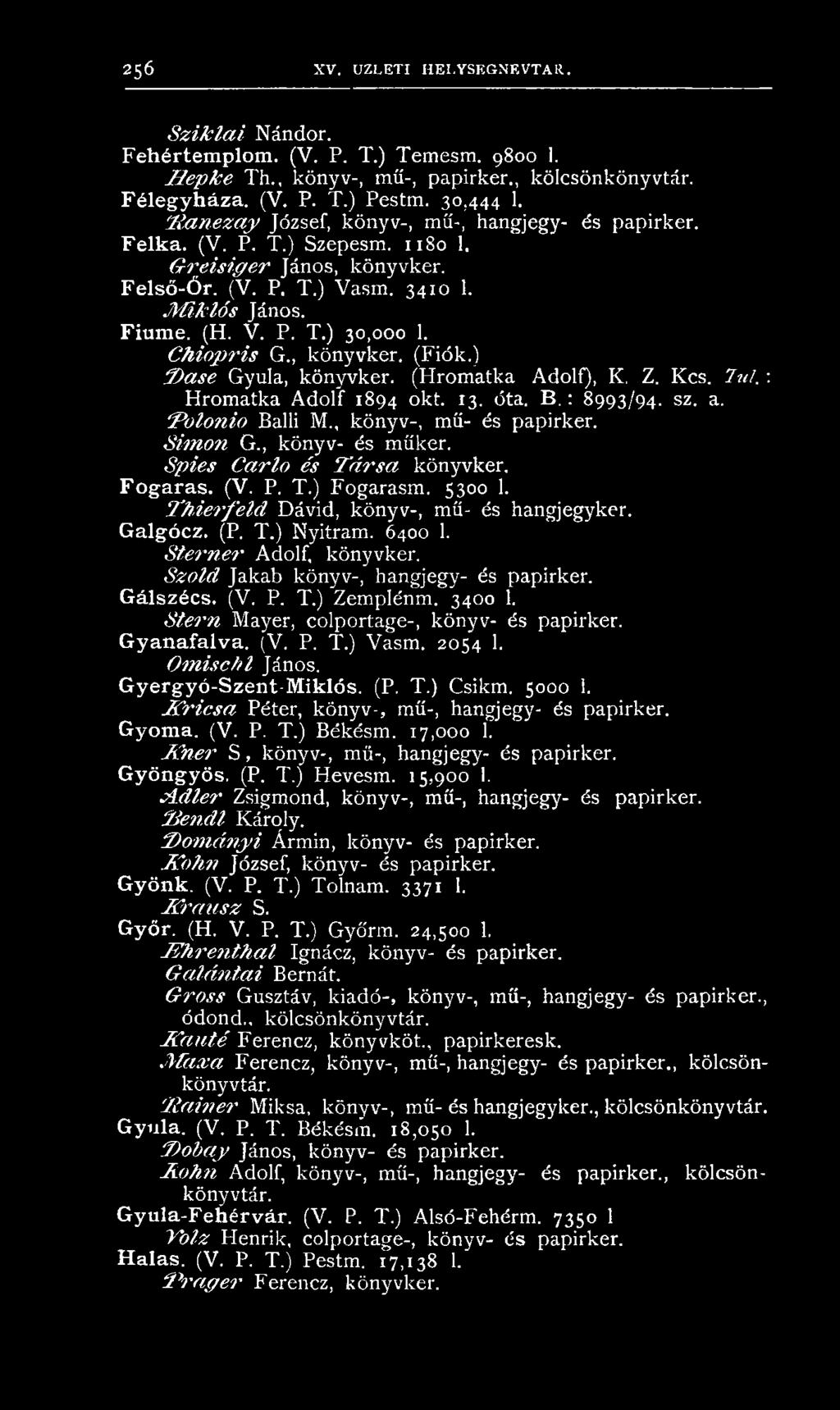 F iu m e. (H. V. P. T.) 30,000 1. Chiop>ris G., k ön yvker. (Fiók.) D a s e G yula, k ön yvker. (H rom atka A dolf), K. Z. K cs. 7»/.: H rom atka A d o lf 1894 okt. 13. óta. B.: 8993/94. sz. a. 'Polo?