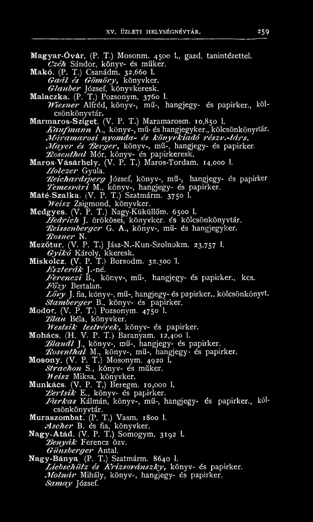 'fie ic h a r d s p e r g József, kön yv-, mű-, hangjegy- és papirker T e m e s v á r i M., k ön yv-, han gjegy- és papirker. Máté-Szalka. (V. P. T.) Szatm árm. 3750 1. W eisz Zsigm ond, kön yvker.