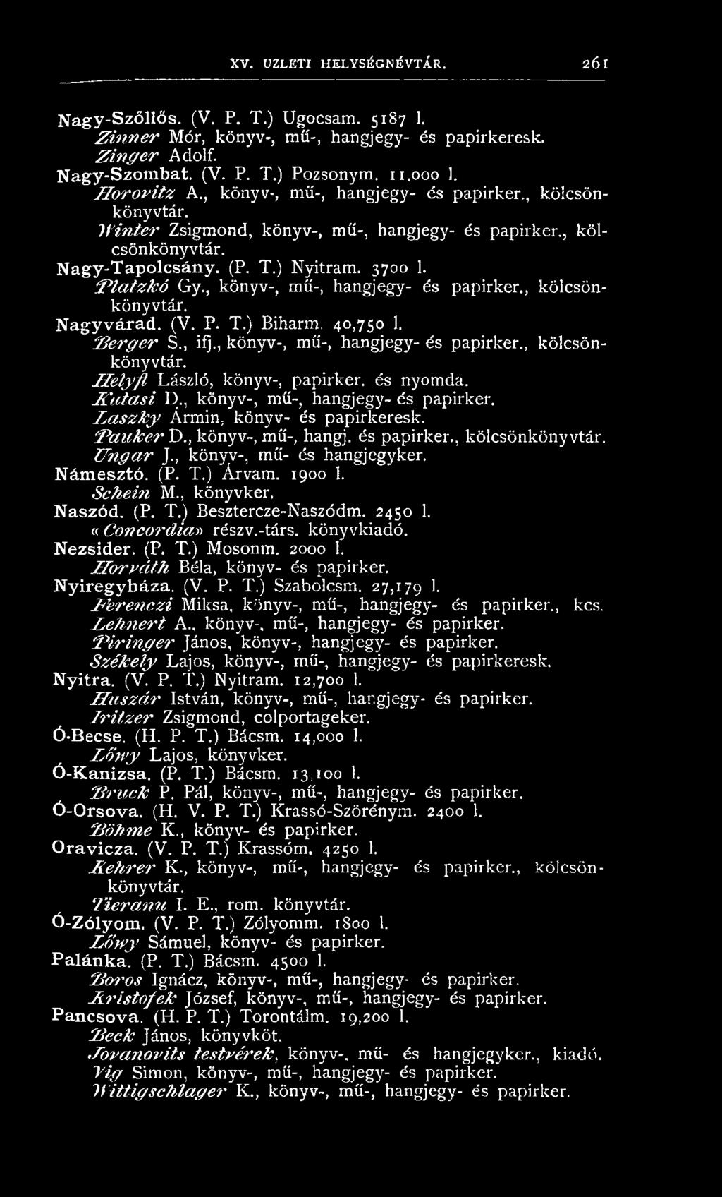 , könyv-, mű- és hangjegyker. Námesztó. (P. T.) Árvám. 1900 1. S c h e in M., könyvker. Naszód. (P. T.) Besztercze-Naszódm. 2450 1. «C on cordian részv.-társ. kön yvkiad ó. Nezsider. (P. T.) M osonm.