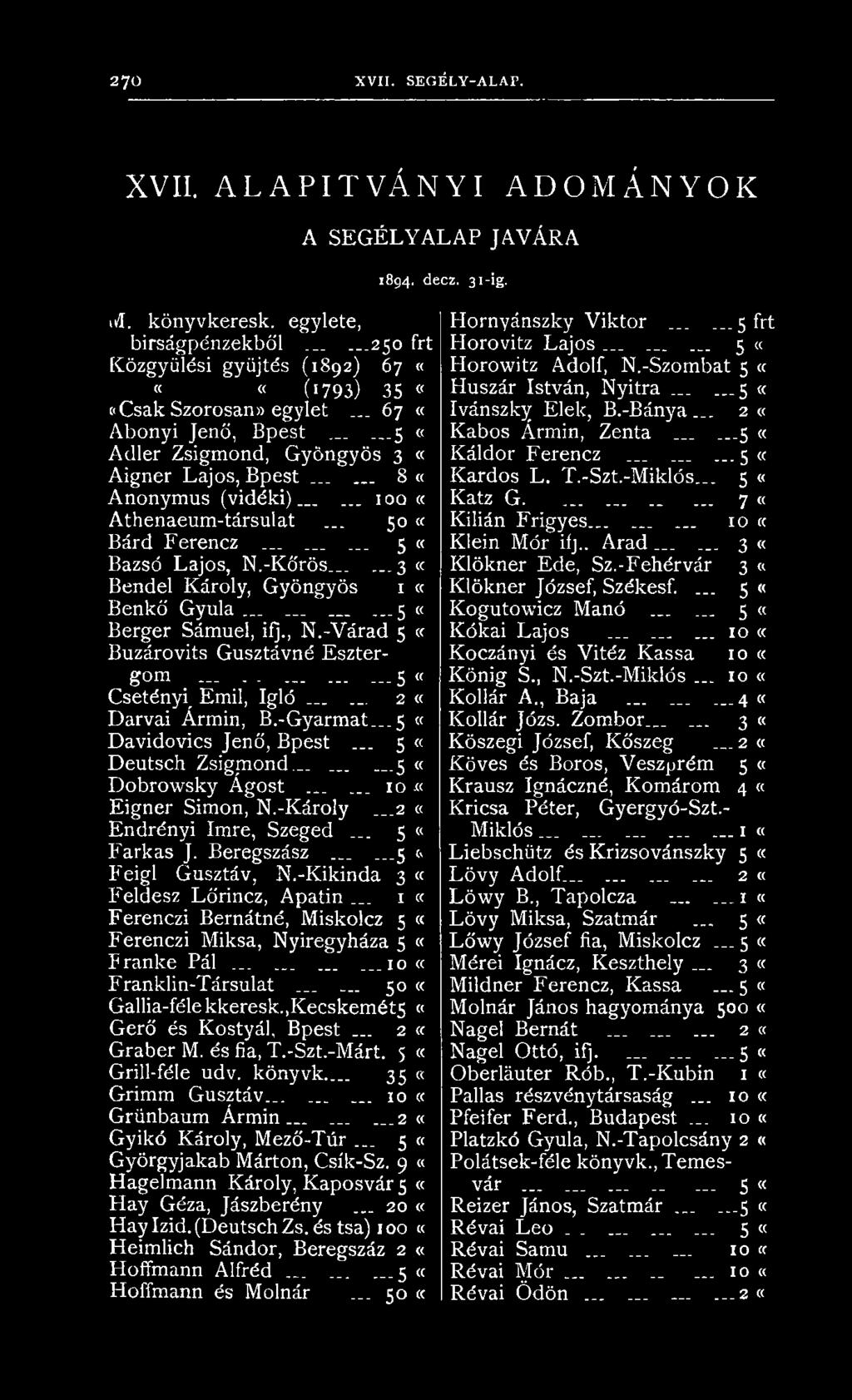 ..... 8 «A n on ym us (v id é k i)...... 100 «Athenaeum -társuiat... 50 «B árd F erencz......... 5 «Bazsó Lajos, N.-Kó'rös._...,3 «Bendel Károly, G yöngyös 1 «B en kő G yu la...... _.