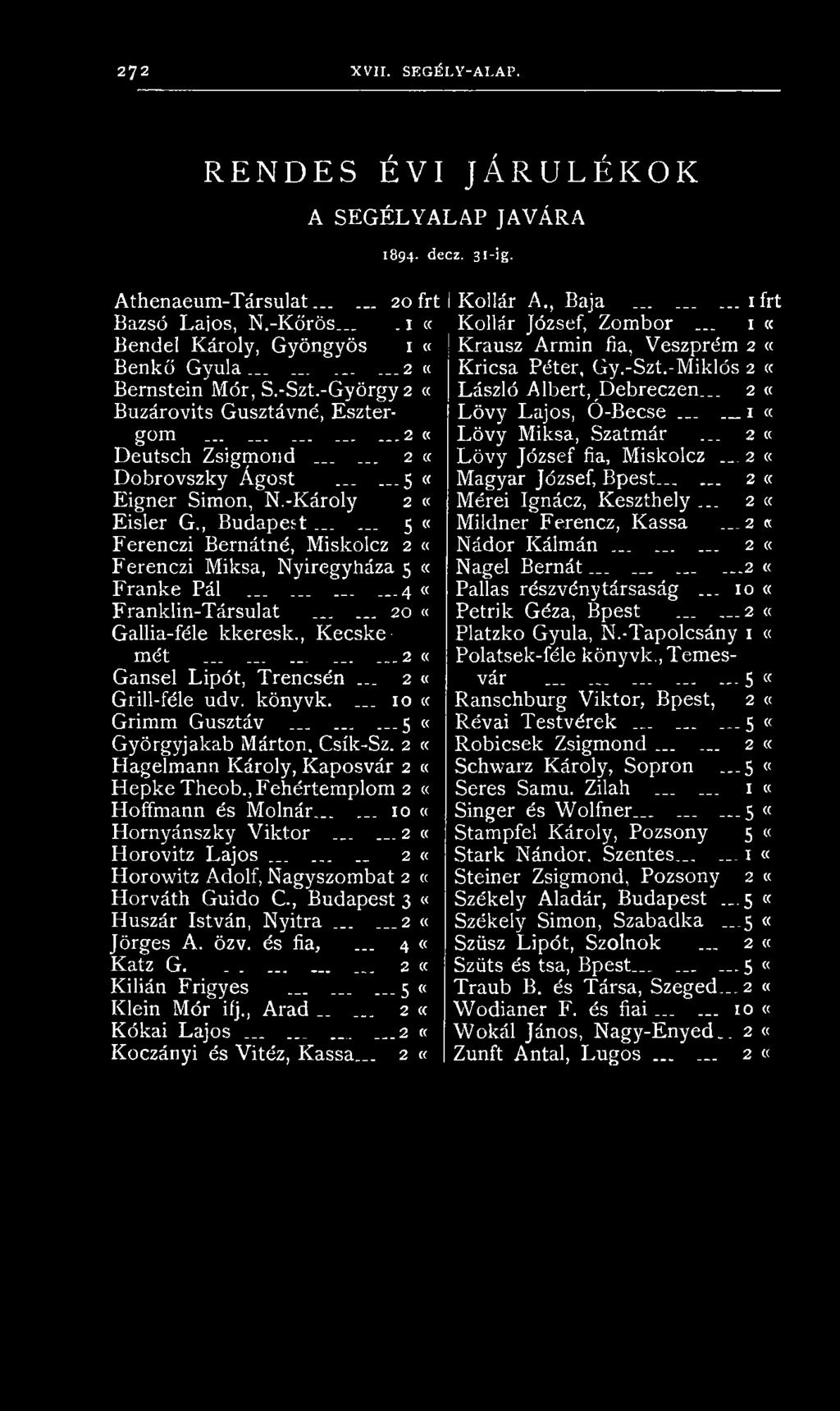 .....5 Eigner Simon, N.-K ároly 2 E isler G., B udapest...... 5 Feren czi Bernátné, M iskolcz 2 Feren czi M iksa, N yíregyháza 5 F ran k é Pál............4 F ranklin-társulat.