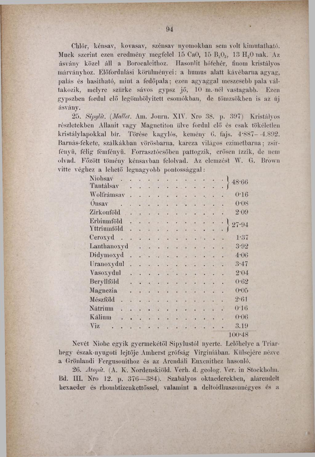 u Clilór, kénsav, kovasav, szénsav nyomokban sem volt kimutatbató. Muck szerint ezen eredmény megfelel 15 CaO, 15 B203, 13 H.20 nak. Az ásvány közel áll a Borocalcithoz.