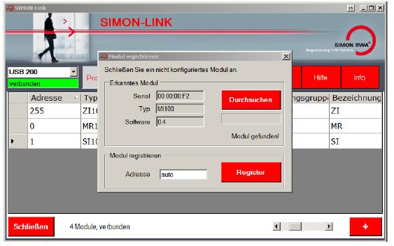 SIMON RWA M-SHEV központok Modulok hozzáadása és elvétele Miután az új modult a kalapsínre rögzítette és 24V DC árammal ellátta, egy RJ-45 típusú vezetékkel a mellette levő szabad csatlakozóval