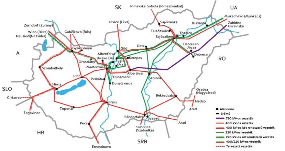 Ábra 1. A magyar átviteli hálózat, 2016. 11. 11-én aktuális állapot [8] Az Ábra 1. szemlélteti a MAVIR átviteli hálózatának belföldi és nemzetközi kapcsolatait.