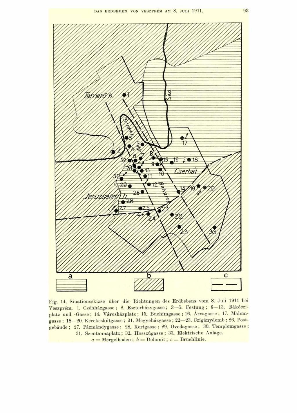 DAS ERDBEBEN VON VESZPRÉM AM 8. JULI 1911. 93 Fig. 14. Siuationsskizze über die Richtungen des Erdbebens vom 8. Juli 1911 bei Veszprém. 1. Czéhházgasse ; 2. Eszterliázygasse ; 3 5. Festung ; 6 13.