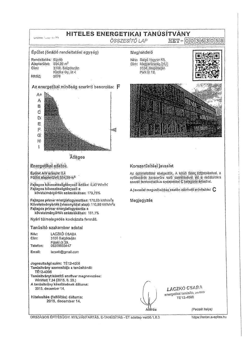 rív,-j : Y\1 HITELES ENERGETIKA) TANÚSÍTVÁNY ÖSSZESÍTŐ LAP H É T ^ Épület (Önálló ren d eltetési'egység) Runtícitütés: E3'/ab Abptérület: '254,99 tfia Círní 31 CO. Sc?ígó;sr,án Kfgpka Gy.