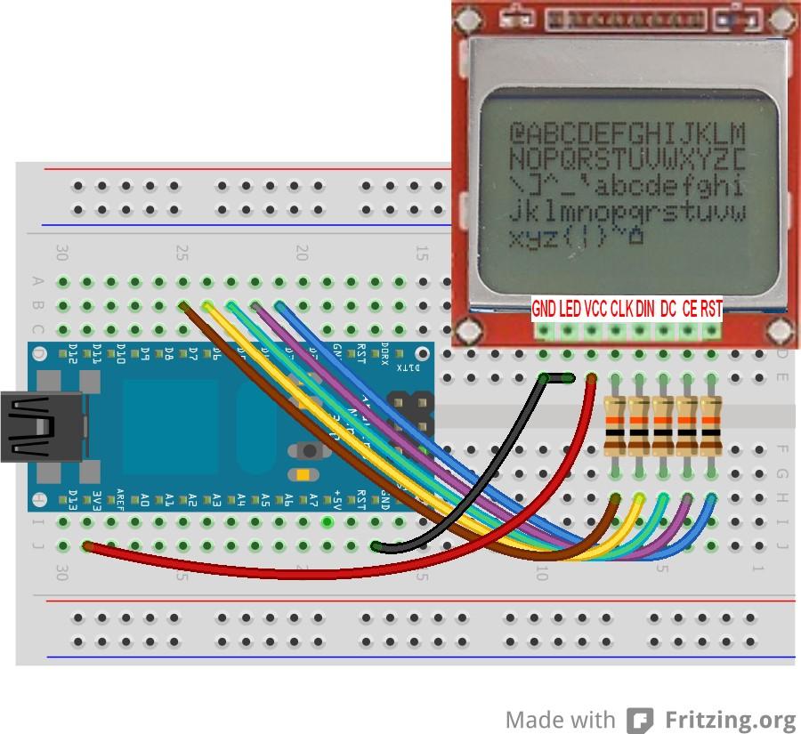 NOKIA 5110 LCD bekötése A Nokia 5110 kijelző általában 3,3 V-os tápfeszültséget igényel és az adatbemeneteket is célszerű védeni.