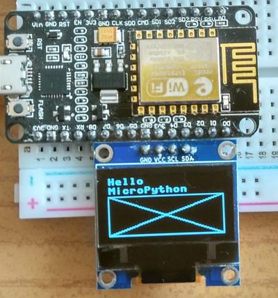 NodeMCU kártya kijelzővel Egyszerű és olcsó megoldás az SSD1306 OLED kijelző (I2Ct Az SSD1306 osztály a micropython FrameBufer osztály örököse Lusta kivitelben csak mellédugjuk a NodeMCU kártyának