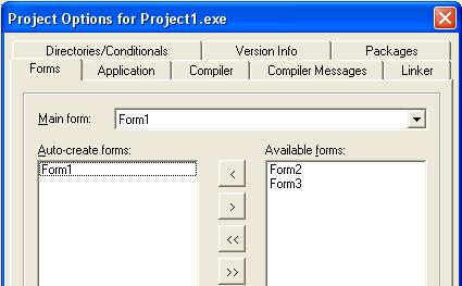 Alkalmazások űrlapjai A Project/Options párbeszédablak Forms fülén állíthatjuk be azt, hogy az alkalmazás összes űrlapja közül melyik legyen főűrlap, melyek legyen