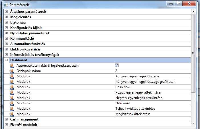 A dashboard használatát a Karbantartás/Paraméterek/Dashboard alatt található paraméterek segítségével tudjuk beállítani.
