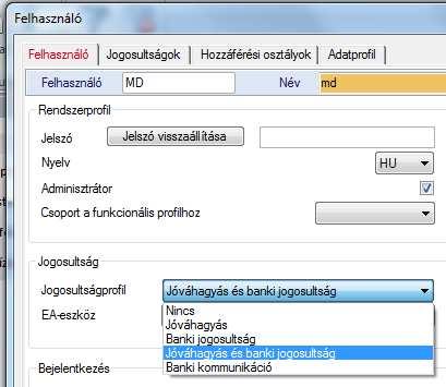 felhasználó adja meg minden kommunikáció során. A bankprofilban lehet 'Standard felhasználó'-t beállítani, illetve látható az egyes felhasználók státusza.