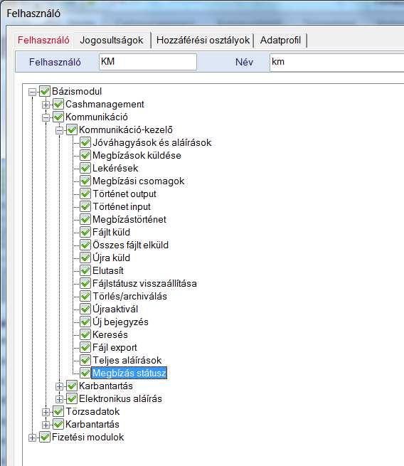 státusz modul és a bejelentkezett felhasználó rendelkezik a