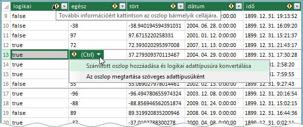 Azonos adattípusú bejegyzéseket tartalmazó oszlopok esetén a bővítmény: [1] megkülönbözteti az egész számokat- és a tizedes törteket és ennek megfelelően állítja be a mező adattípusát, [2] a pénznem