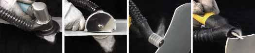 Die Haube ist mit und ohne Bürste für folgende Ø 1) Einrastende Haube aus Polyurethan. 2) Staubstrom. 3) Schleifscheibe. 4) Feststehendes Aluminium-Grundelement.
