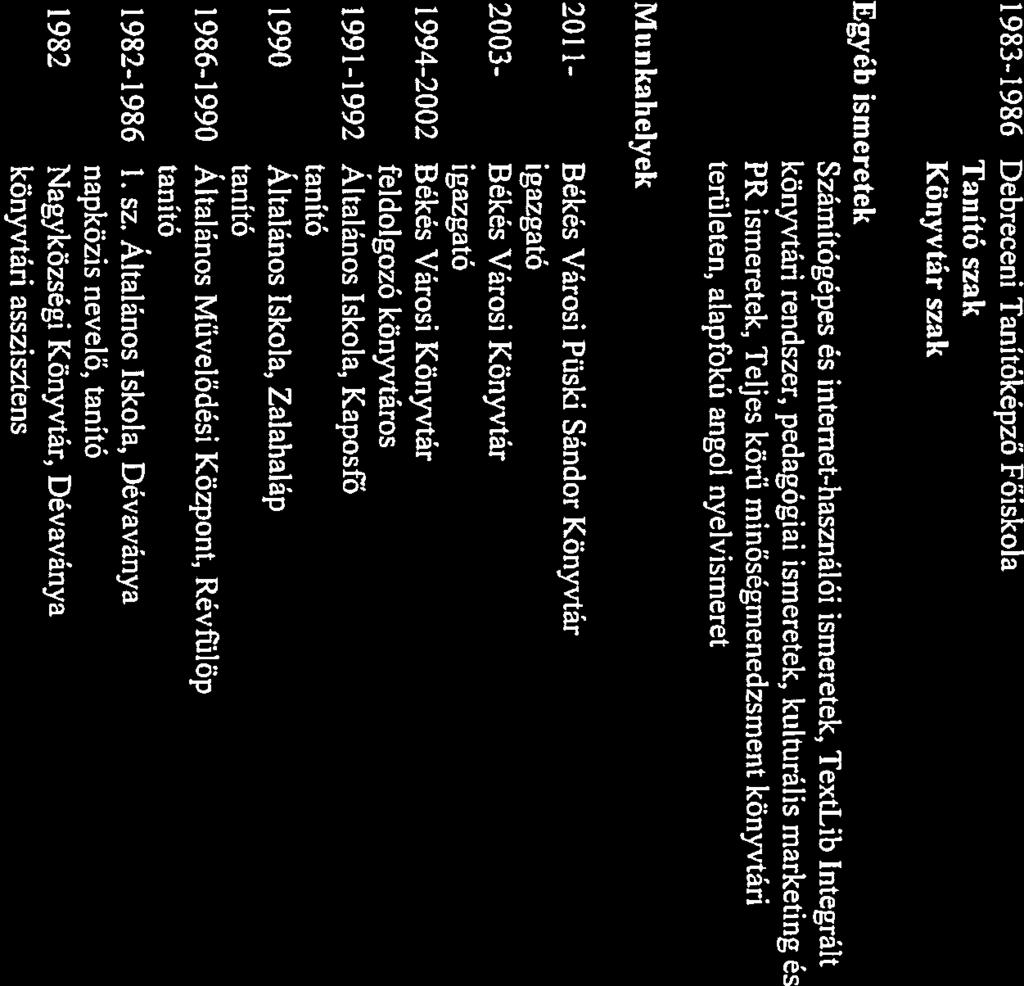 1983-1986 Debreceni Tnítóképző Főiskol Tnító szk Könyvtár szk Egyéb ismeretek Számítógépes ás intemet-hsználói ismeretek, TextLib Integrált könyvtári rendszer, pedgógii ismeretek, kulturális mrketing