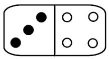 Az ábrának megfelelően két dominó már az asztalon volt, ehhez tett le Dominik még egyet, és így 3 pontja lett. Melyik dominót rakhatta le az alábbiak közül?