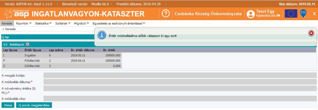 Rákattintással ki kell választani azt a betétlapot, amelynek a bruttó értékét módosítani
