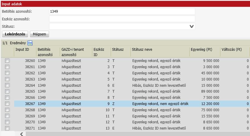 5.6.6.2.3 Input adatok ellenőrzése A kapott sor elején található jelölőnégyzetet kipipálva az Input adatok gombra kattintva tekinthetők meg a kapott eszközök, illetve a párosítások.
