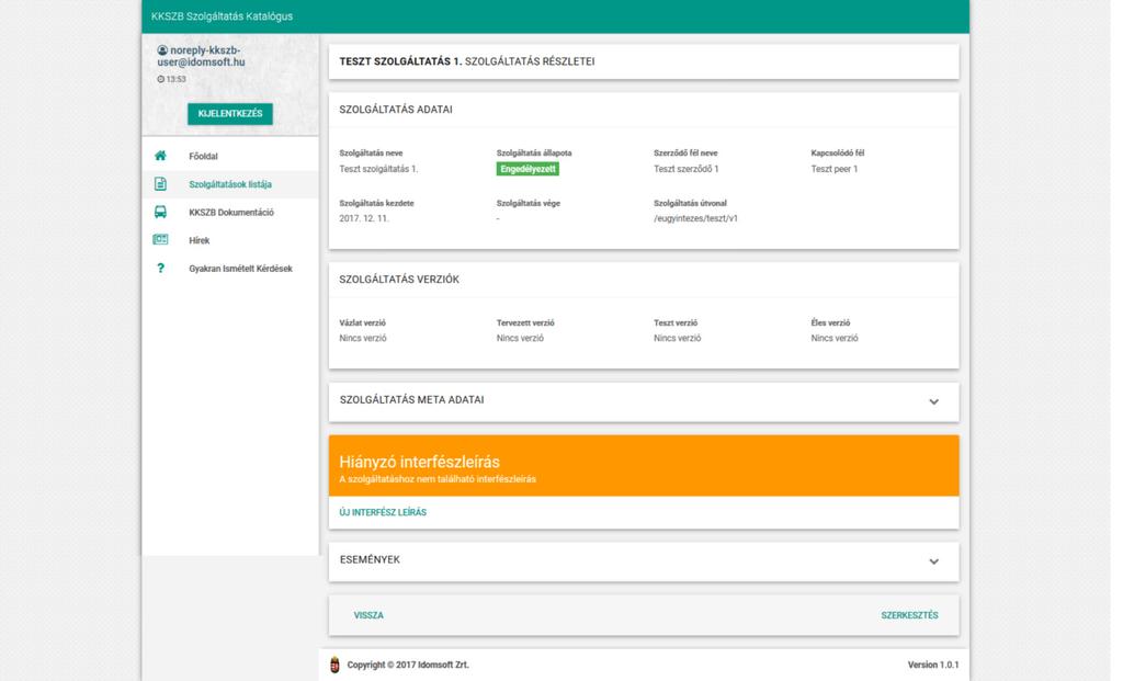 KKSZB Szolgáltatás Katalógus (SZK) IdomSoft Zrt. v1.0.
